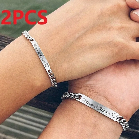Stainless Steel Cuban Link ID Bracelet Couples Always Forever His Queen Her King Laser Engraved Romantic Jewelry Gift