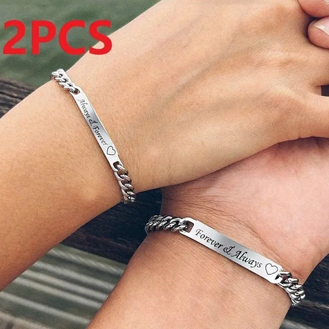 Set di Braccialetti di Coppia in Acciaio Inossidabile Incisi Always Forever Cuore Catena a Maglie Gioielli Regalo