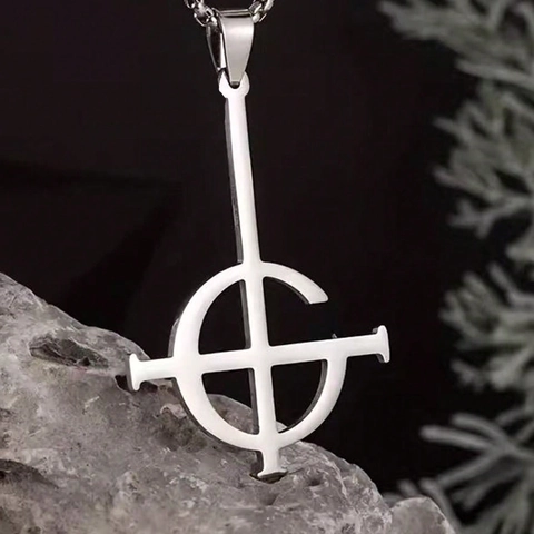 Collana Con Ciondolo Ghost Band Grucifix per Uomo Donna in Acciaio Inossidabile Punk Rock Gothic Croce Inversa Gioielli Argento