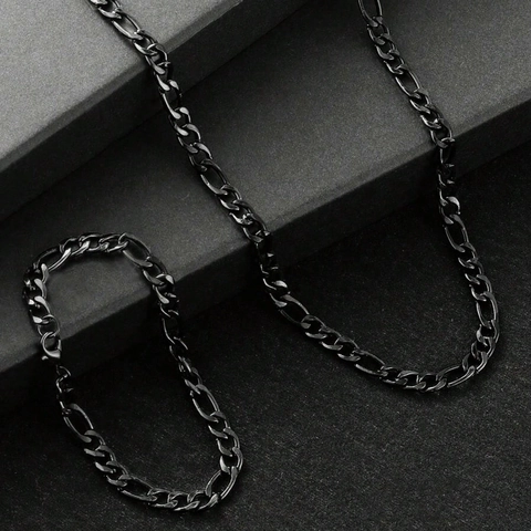 Minimalist Black Stainless Steel Figaro Cuban Curb Chain Necklace Bracelet Set For Men Women Streetwear Fashion Jewelry