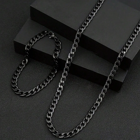Minimalist Black Stainless Steel Figaro Cuban Curb Chain Necklace Bracelet Set For Men Women Streetwear Fashion Jewelry