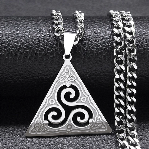 Vintage Stainless Steel Celtic Triskele Triangle Pendant Necklace For Men Nordic Knot Design With Curb Chain Cool Jewelry