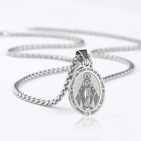 Roestvrij Staal Wonderdadige Medaille Hanger Halsketting Religieuze Maagd Maria Kruis Dubbelzijdige Ovale Hanger Sieraden