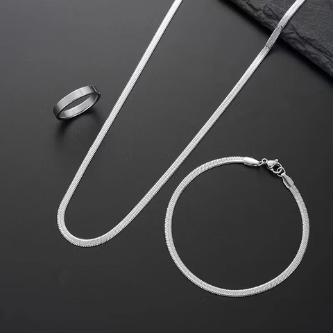 Minimalistische Roestvrijstalen Slangenbotketting Sieradenset Ketting Armband Ring Zilver Gepolijst Heren Sieraden