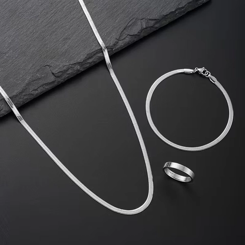 Minimalistische Roestvrijstalen Slangenbotketting Sieradenset Ketting Armband Ring Zilver Gepolijst Heren Sieraden