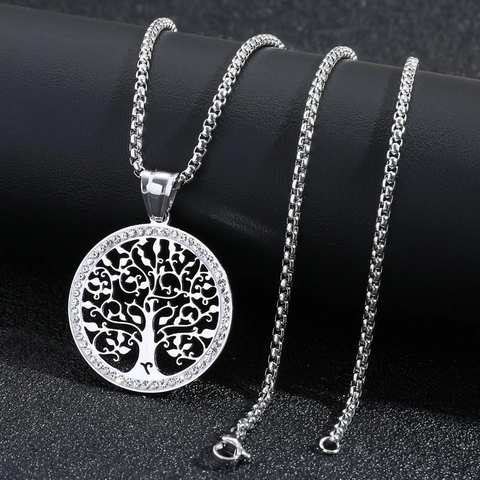 Collar con Colgante Árbol de la Vida de Acero Inoxidable Plata Diamantes de Imitación Hueco Redondo Joyería para Mujer