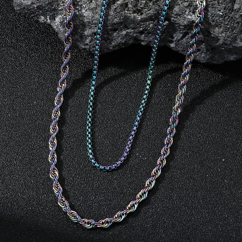 Iridescent 304 Stainless Steel Hip Hop Link Chain Necklace Iridescent Rainbow Dragon Bone Rope Box Chain Streetwear Jewelry