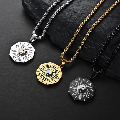 Collar Vintage Chino Tai Chi Bagua de Acero de Titanio Joyas Yin Yang Retro Étnicas para Hombres Mujeres Recuerdo