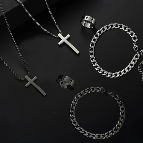 Heren Roestvrij Staal Kruis Hanger Halsketting Armband Ring Sieraden Collectie Gothic Punk Zilver Zwart Accessoires Voor Dames