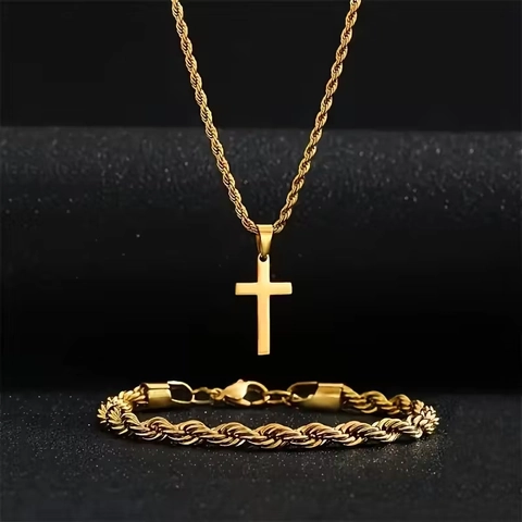 Conjunto de Joyas de Acero Inoxidable Collar con Colgante de Cruz y Pulsera de Cadena de Cuerda para Hombre Mujer
