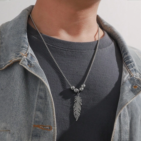 Collana con Ciondolo a Piuma in Acciaio Inossidabile da Uomo Hip Hop Street Style Catena a Scatola Lunga per Gioielli da Uomo