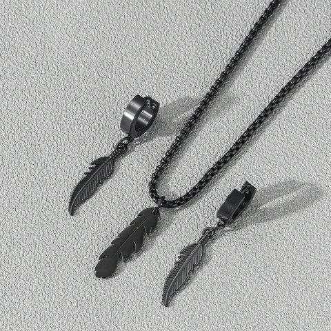 Collana con Pendente a Piuma in Acciaio Inossidabile Minimalista Orecchini a Cerchio per Uomo Unisex Punk Gothic Nero Opaco Gioielli Regalo