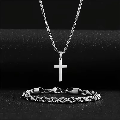 Conjunto de Joyas de Acero Inoxidable Collar con Colgante de Cruz y Pulsera de Cadena de Cuerda para Hombre Mujer