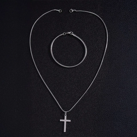 Conjunto de Collar Con Colgante de Cruz de Acero Inoxidable y Pulsera de Cadena de Hueso de Serpiente para Hombre Mujer Joyería Minimalista Plata Regalo