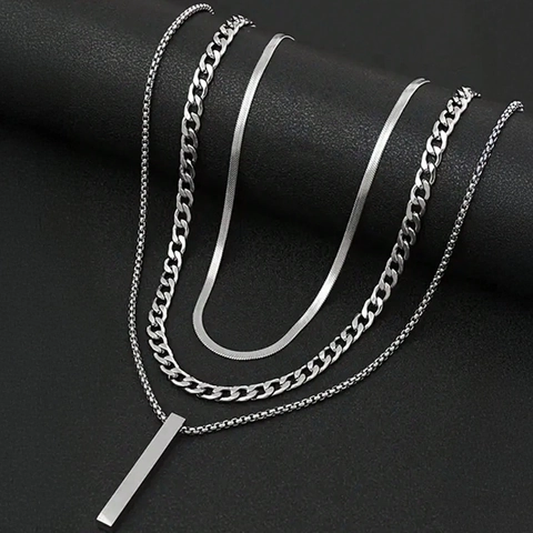 Minimalist Stainless Steel Layered Necklace Set For Men Women Polished Cuban Snake Chain Long Bar Pendant Silver Tone Jewelry