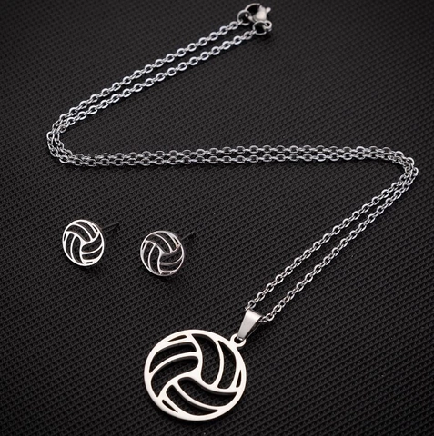 Edelstahl Volleyball Schmuck Mit Hohlem Anhänger Halskette Und Passenden Ohrsteckern Silber Sport Accessoire