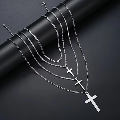 Men Stainless Steel Cross Pendant Necklace Collection Hip Hop Multi-layer Silver Chains Jewelry For Men Women Daily Accessory