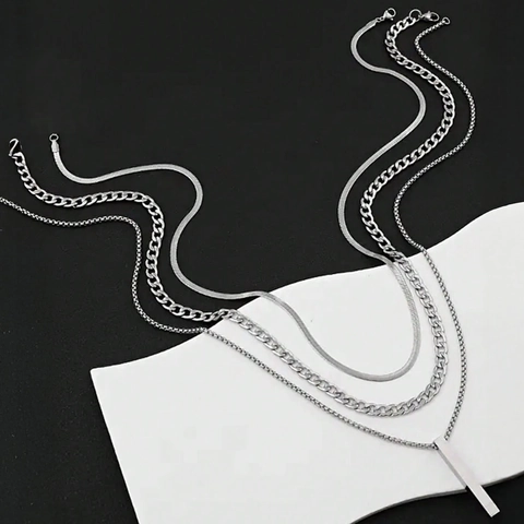Minimalist Stainless Steel Layered Necklace Set For Men Women Polished Cuban Snake Chain Long Bar Pendant Silver Tone Jewelry