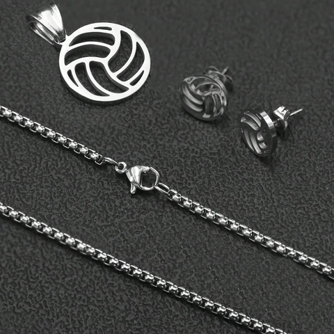 Edelstahl Volleyball Schmuck Mit Hohlem Anhänger Halskette Und Passenden Ohrsteckern Silber Sport Accessoire