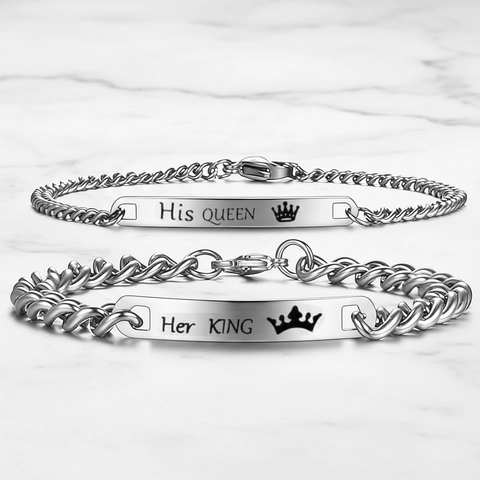Bracciali di Coppia in Acciaio Inossidabile His Queen Her King Incisi Corona Maglia Cubana Lucidi Bracciale ID Coordinato