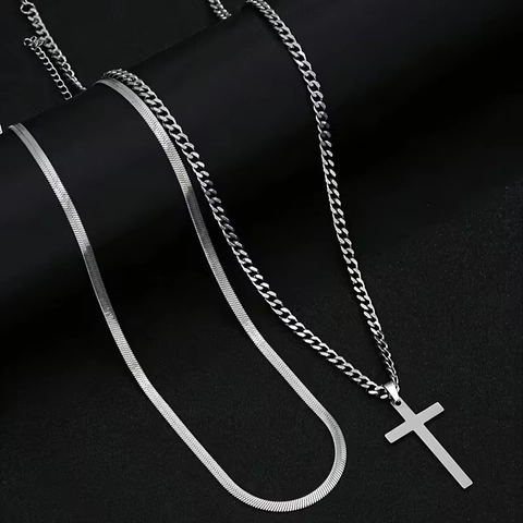Juego De Collares De Doble Capa De Acero Inoxidable Para Hombres Mujeres Cadena De Serpiente Vintage Y Cadena De Eslabones Cubanos Con Colgante De Cruz Joyas Regalo