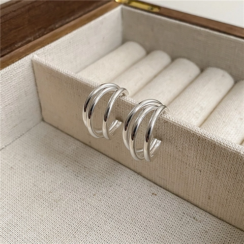 925 Sterling Silver Triple Layer Half Round C Shape Stud Earrings Minimalist Geometric Arc Earrings Jewelry For Women