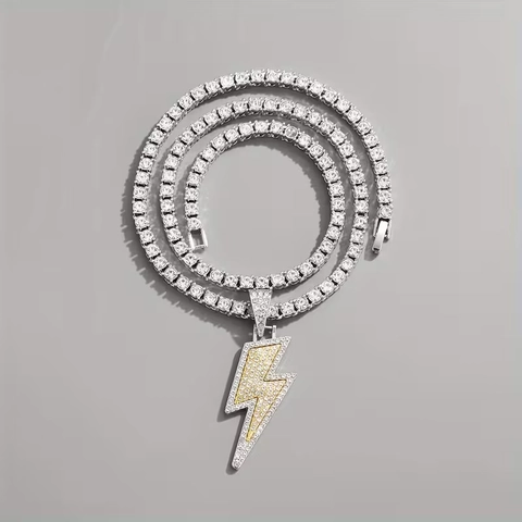 Collar con Colgante de Rayo Bicolor Hip Hop Aleación de Cobre Strass Cadena de Tenis Joyas Streetwear para Hombres Mujeres