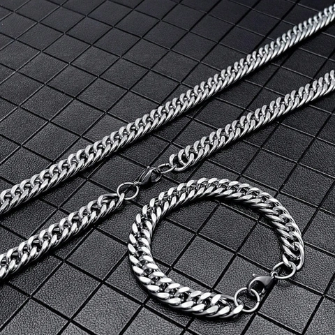 Edelstahl Panzerkette Schmuckset Für Damen Herren Hip Hop Silber Curb Halskette Und Armband Set Mode Schmuck
