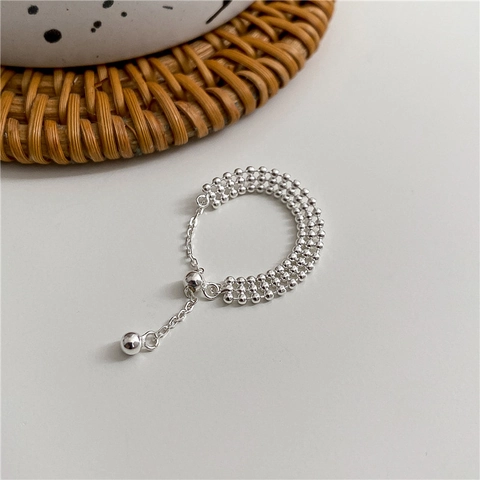 Anillo de Cadena Elástica de Cuentas Circulares de Triple Capa de Plata de Ley S925 para Mujer Joyería Ajustable Brillante