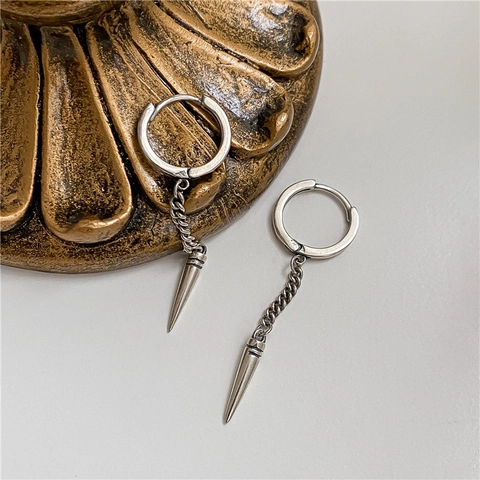 S925 Sterling Silver Punk Spike Chain Hoop Earrings For Men Women Hip Hop Gothic Rivet Triangle Drop Earrings Vintage Jewelry