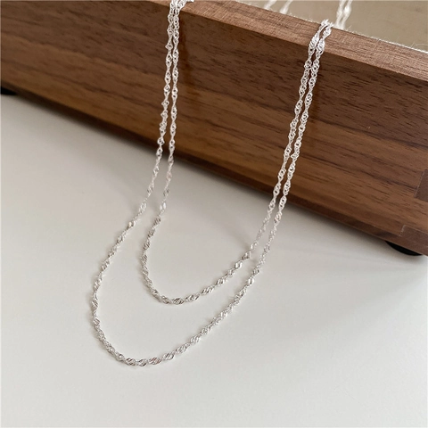 Einfache S925 Sterlingsilber Doppelschichtige Wasserwellenkette Halskette Für Damen Glitzernde Minimalistische Silberne Schlüsselbeinkette Schmuck