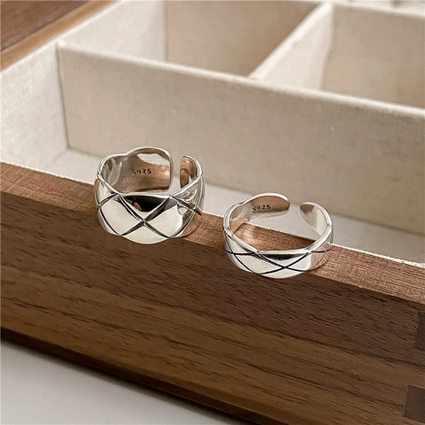 Vintage 925 Sterling Silber Gesteppte Offene Ringe Für Damen Retro Geometrisches Muster Breite Schmale Verstellbare Fingerschmuck