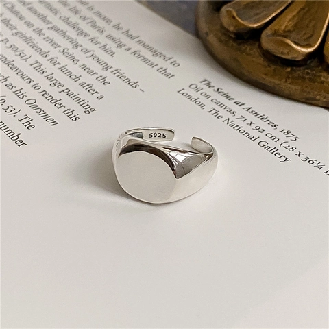 S925 Sterling Silver Minimalist Smooth Signet Ring For Women Adjustable Geometric Open Finger Ring Fashion Statement Jewelry Gift