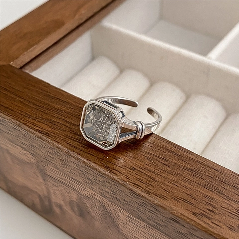 Anillo Abierto de Plata de Ley 925 con Piedra de Té Blanco Geométrico Cuadrado para Mujeres Hombres Vintage Ajustable Joyería de Moda