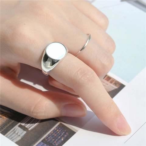 S925 Sterling Silver Minimalist Smooth Signet Ring For Women Adjustable Geometric Open Finger Ring Fashion Statement Jewelry Gift