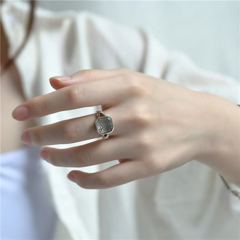 Anillo Abierto de Plata de Ley 925 con Piedra de Té Blanco Geométrico Cuadrado para Mujeres Hombres Vintage Ajustable Joyería de Moda