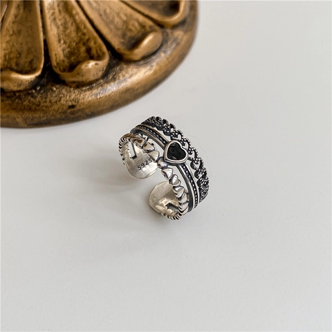 Vintage 925 Sterling Zilveren Meerlaagse Hart Open Ring Voor Dames Verstelbaar Zwart Hart Retro Geoxideerd Mode Sieraden Cadeau