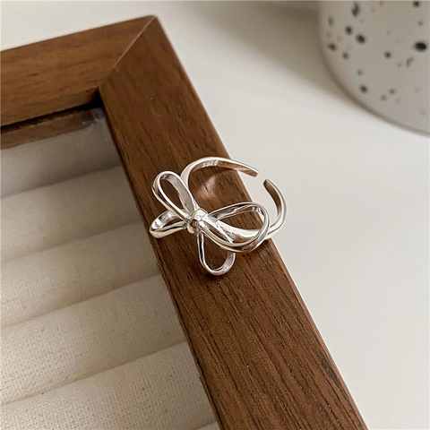 925 Sterling Silver Bow-knot Open Ring For Women Minimalist Ins Style Adjustable Ribbon Knot Finger Ring Delicate Fashion Jewelry