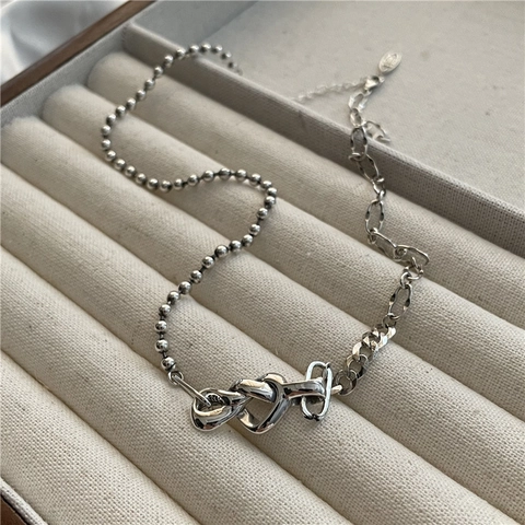 Collier Nœud de Cœur en Argent Sterling 925 pour Femmes Ras du Cou à Chaîne Asymétrique Vintage Bijoux Tendance