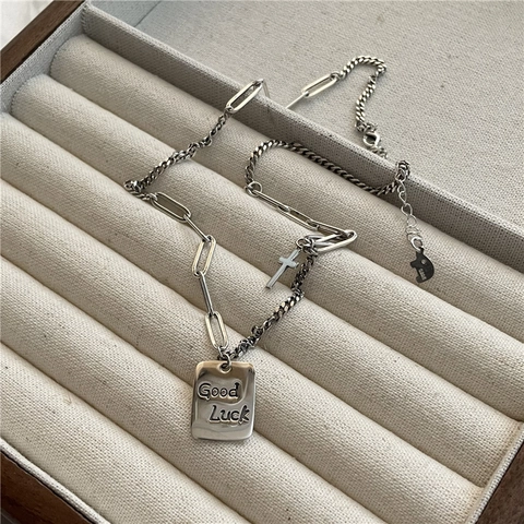 S925 Sterlingsilber Vintage Viel Glück Quadratische Platte Anhänger Halskette Für Damen Kreuz Elefant Design Kette Schmuck