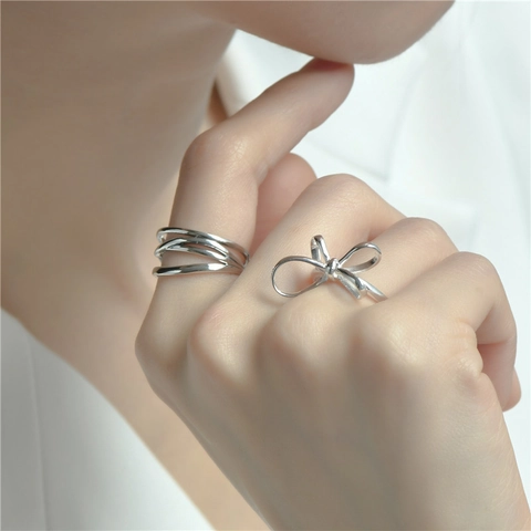 925 Sterling Silver Bow-knot Open Ring For Women Minimalist Ins Style Adjustable Ribbon Knot Finger Ring Delicate Fashion Jewelry
