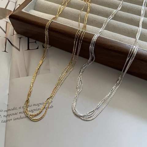 S925 Plata de Ley Collar Multicapa Brillante Retro Seda Fina Satén Cadena Clavícula Minimalista Cadena Fina Joyería Mujer