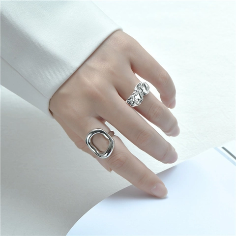 925 Sterling Silver Geometric Hollow Ring French Vintage Minimalist Irregular Liquid Metal Open Adjustable Finger Ring For Women