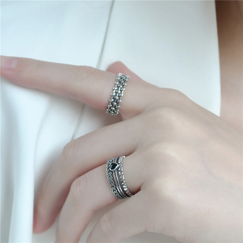Vintage 925 Sterling Zilveren Meerlaagse Hart Open Ring Voor Dames Verstelbaar Zwart Hart Retro Geoxideerd Mode Sieraden Cadeau