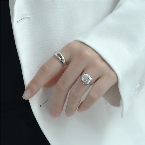925 Sterling Silver Open Ring Minimalist Polished Domed Wide Finger Ring Adjustable Vintage Korean Chic Jewelry For Women