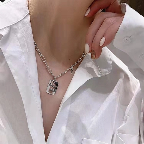 S925 Sterlingsilber Vintage Viel Glück Quadratische Platte Anhänger Halskette Für Damen Kreuz Elefant Design Kette Schmuck