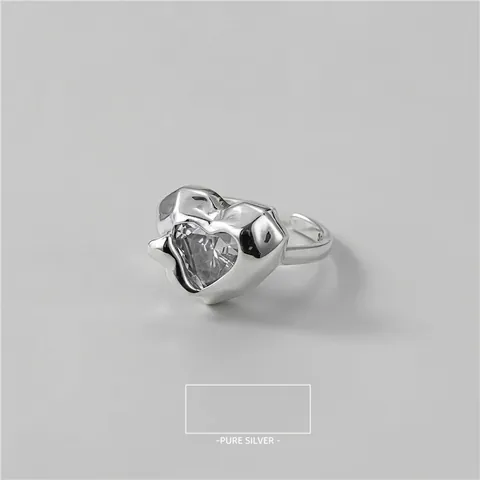 Anello Cuore in Argento Sterling S925 Donna Texture Lavica con Strass Intarsiato Anello Aperto Regolabile Gioielli Moda