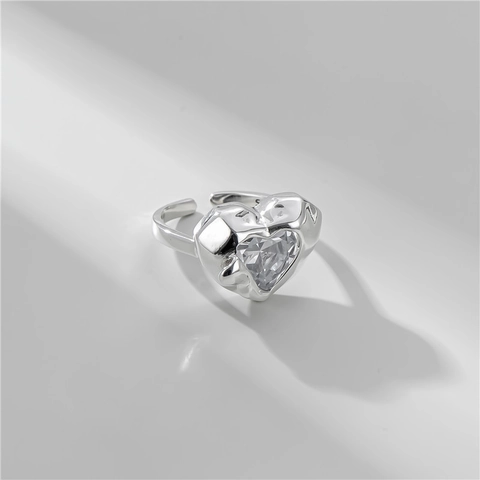 Anello Cuore in Argento Sterling S925 Donna Texture Lavica con Strass Intarsiato Anello Aperto Regolabile Gioielli Moda