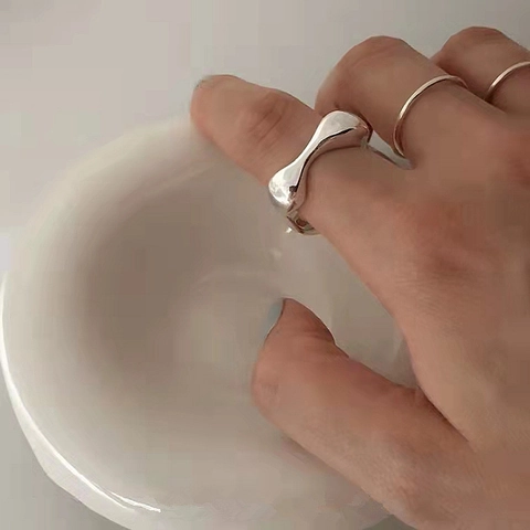 Anello Aperto in Argento Sterling 925 per Donna Minimalista Linea di Flusso Irregolare Regolabile Stile Metallo Liquido Gioielli
