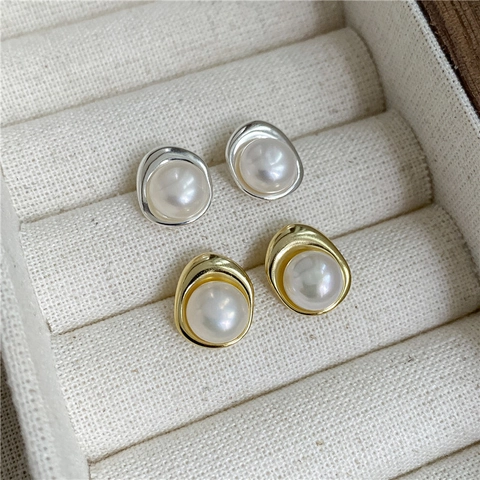S925 Sterling Silver Irregular Metal Wave Artificial Pearl Stud Earrings For Women Elegant Gold Silver Plated Jewelry Gift